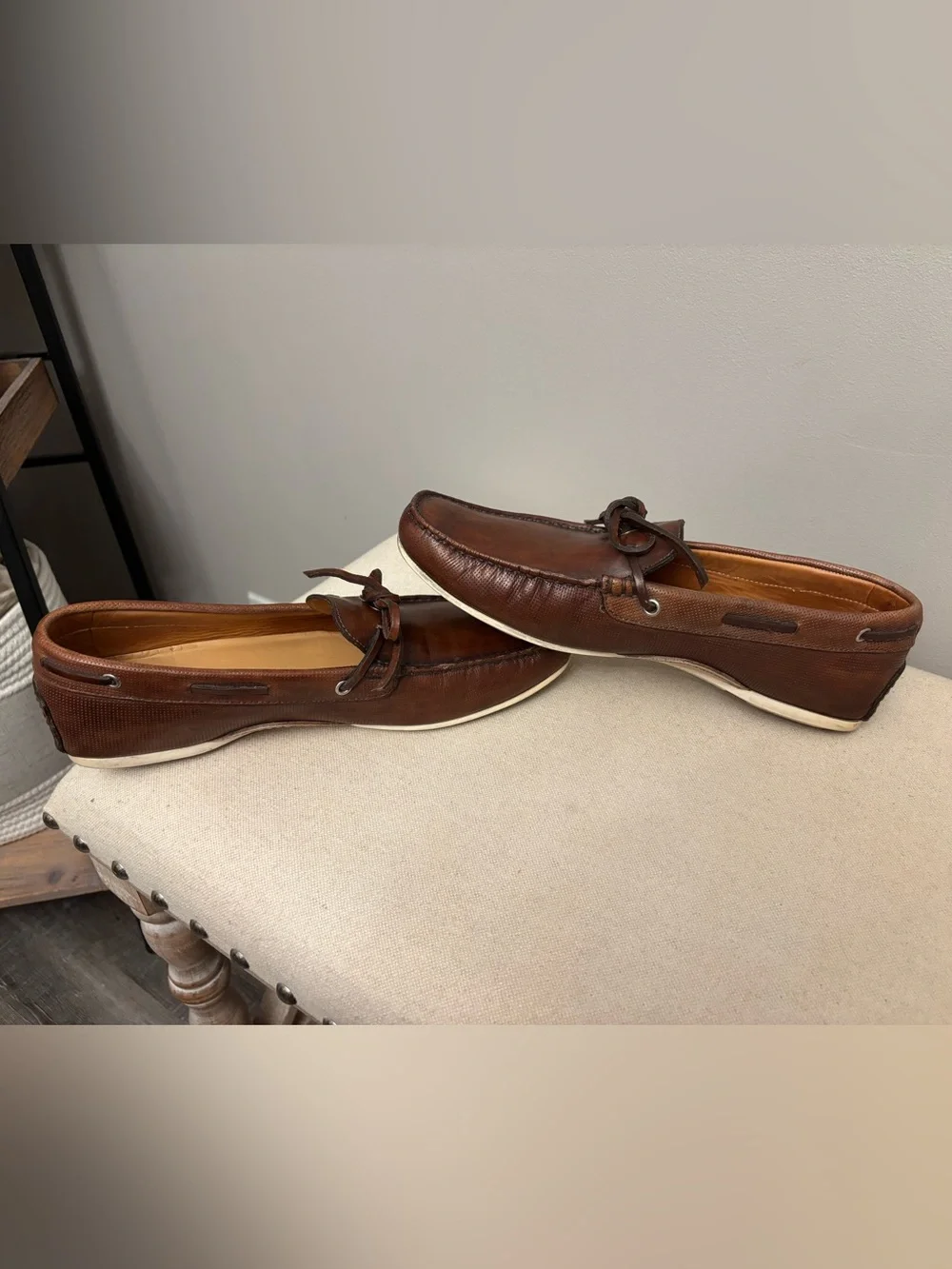 Santoni Men's Brown Leather Driving Shoes Loafers Lace Tie Moc Toe Size 9.5 D US
